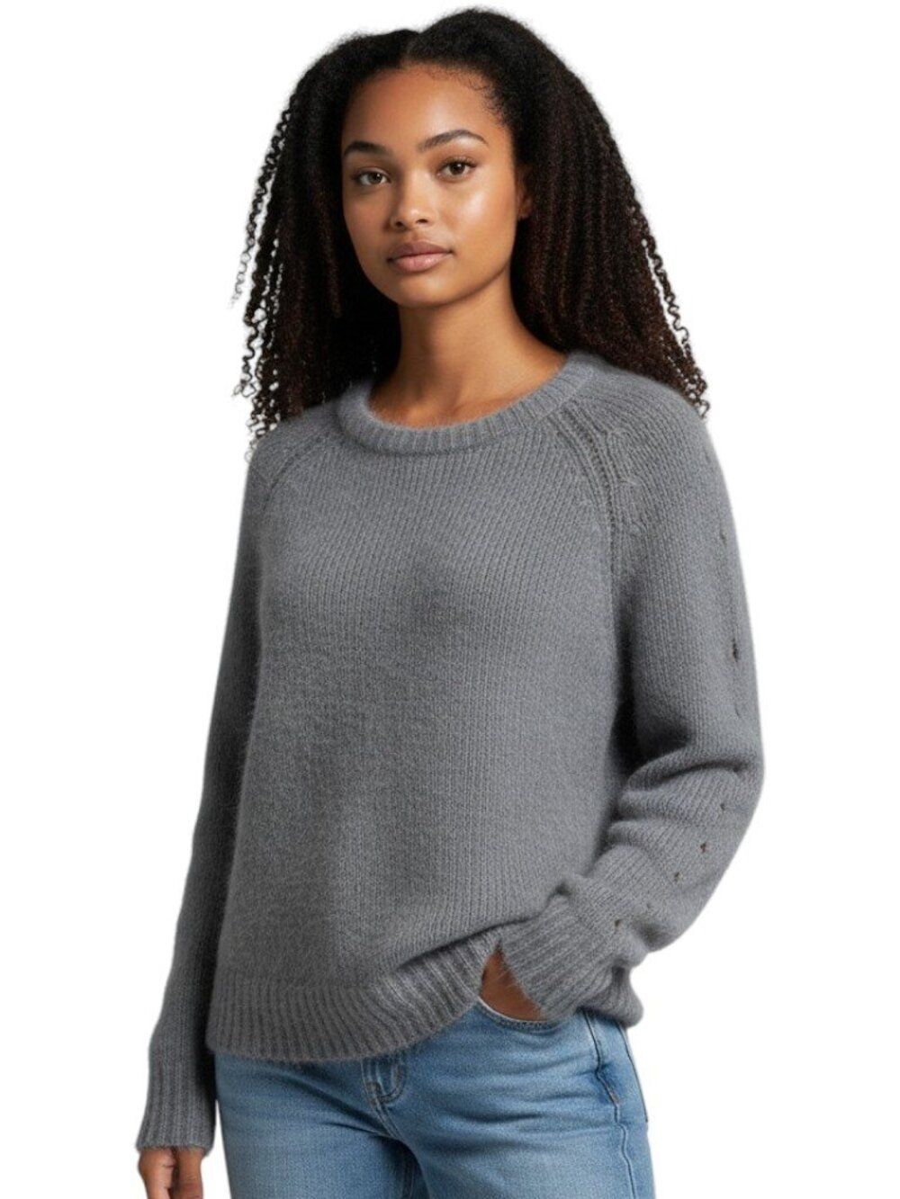 Siwy Pallenberg Angora Wool Raglan Crewneck Sweater Feather Gray Fluffy Size XL